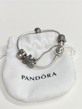 PANDORA Moments Sterling Silver Bracelet with Heart Clasp and charms